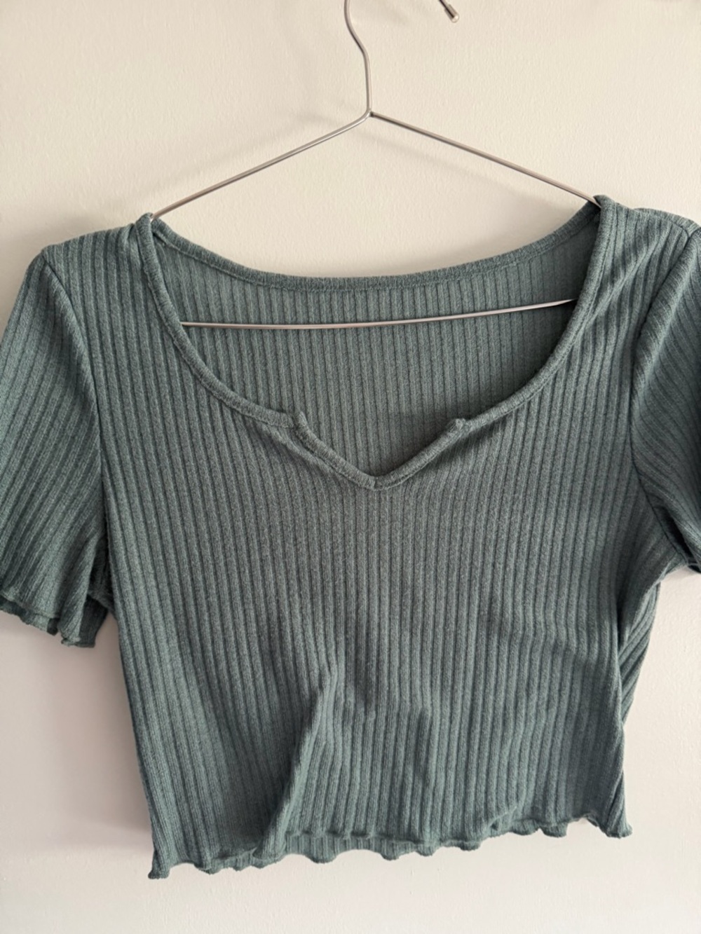 Ribbed V-Neck Crop Top in Sage Green